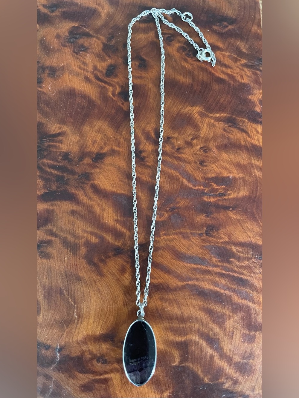 Antique Sterling Silver Rope Chain Necklace with Chevron? Amethyst Pendant
